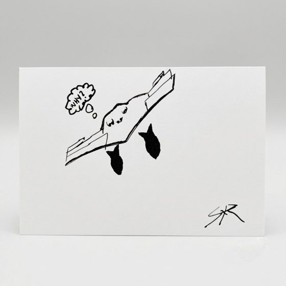 B2 Why by SKR - ink drawing of a bird hanging upside down from a branch with a WHY? thought bubble