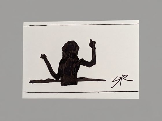 Bold black ink figure by SKR rising from a horizon line with both arms raised