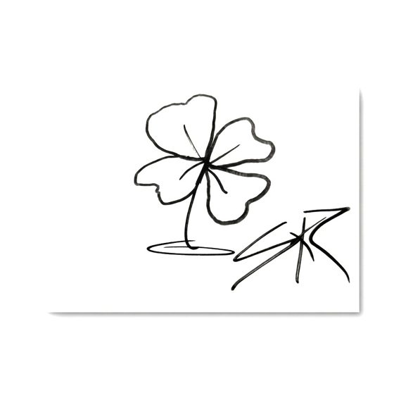 Single-line ink drawing by SKR of a four-leaf clover, signed SKR