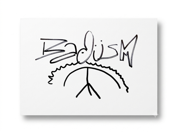 Baduism - hand-drawn black marker artwork by SKR of a peace sign beneath a wavy line, tagged with the word Baduism