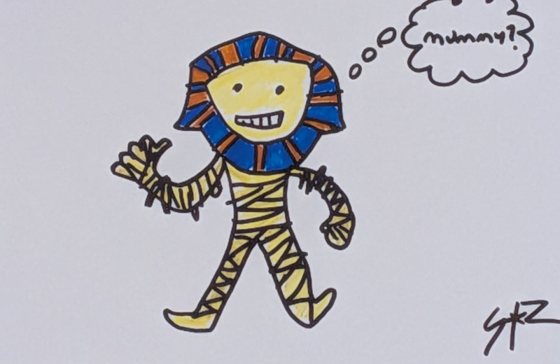 Cartoon drawing by SKR of a bandaged Egyptian mummy in a blue and orange pharaoh headdress, striding along with one arm unravelling and a thought bubble reading mummy?