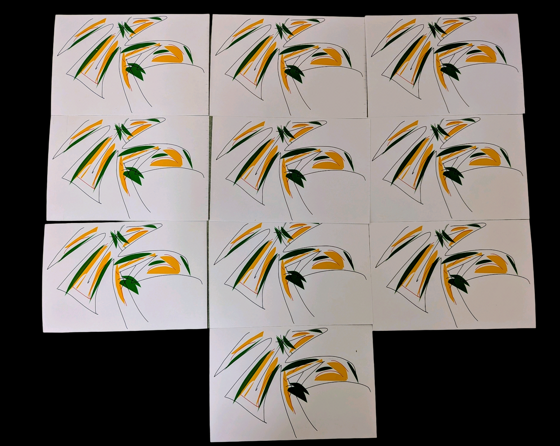 All ten SKR limited edition prints laid out on black - abstract black line drawings with sweeping green and yellow leaf-like shapes on white card